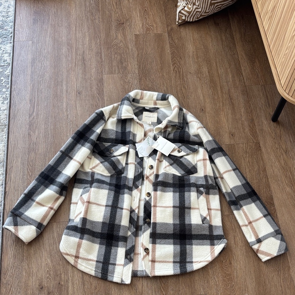 Thread & Supply Cream, Black & Taupe Plaid Fleece Shacket